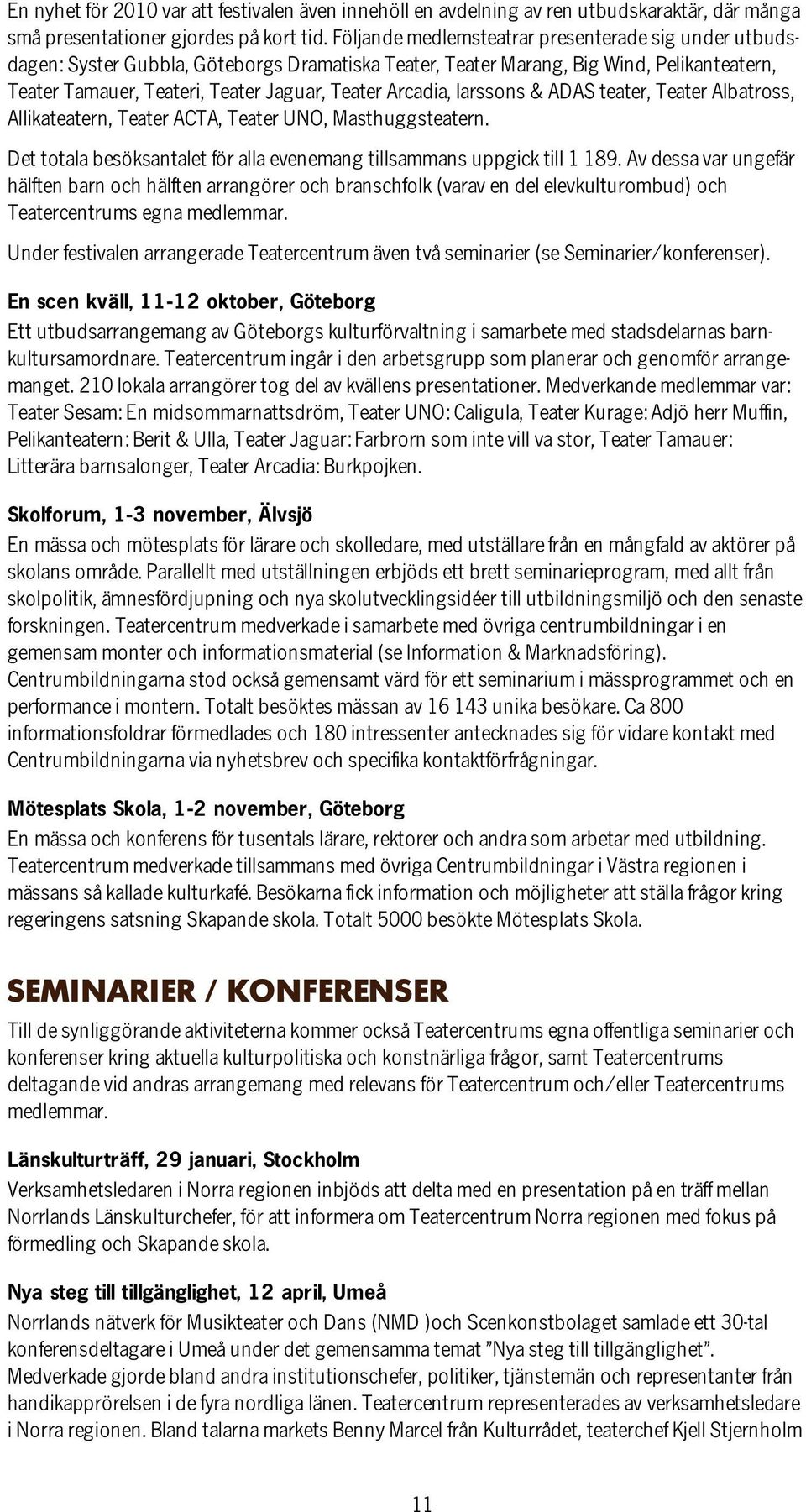 Arcadia, larssons & ADAS teater, Teater Albatross, Allikateatern, Teater ACTA, Teater UNO, Masthuggsteatern. Det totala besöksantalet för alla evenemang tillsammans uppgick till 1 189.