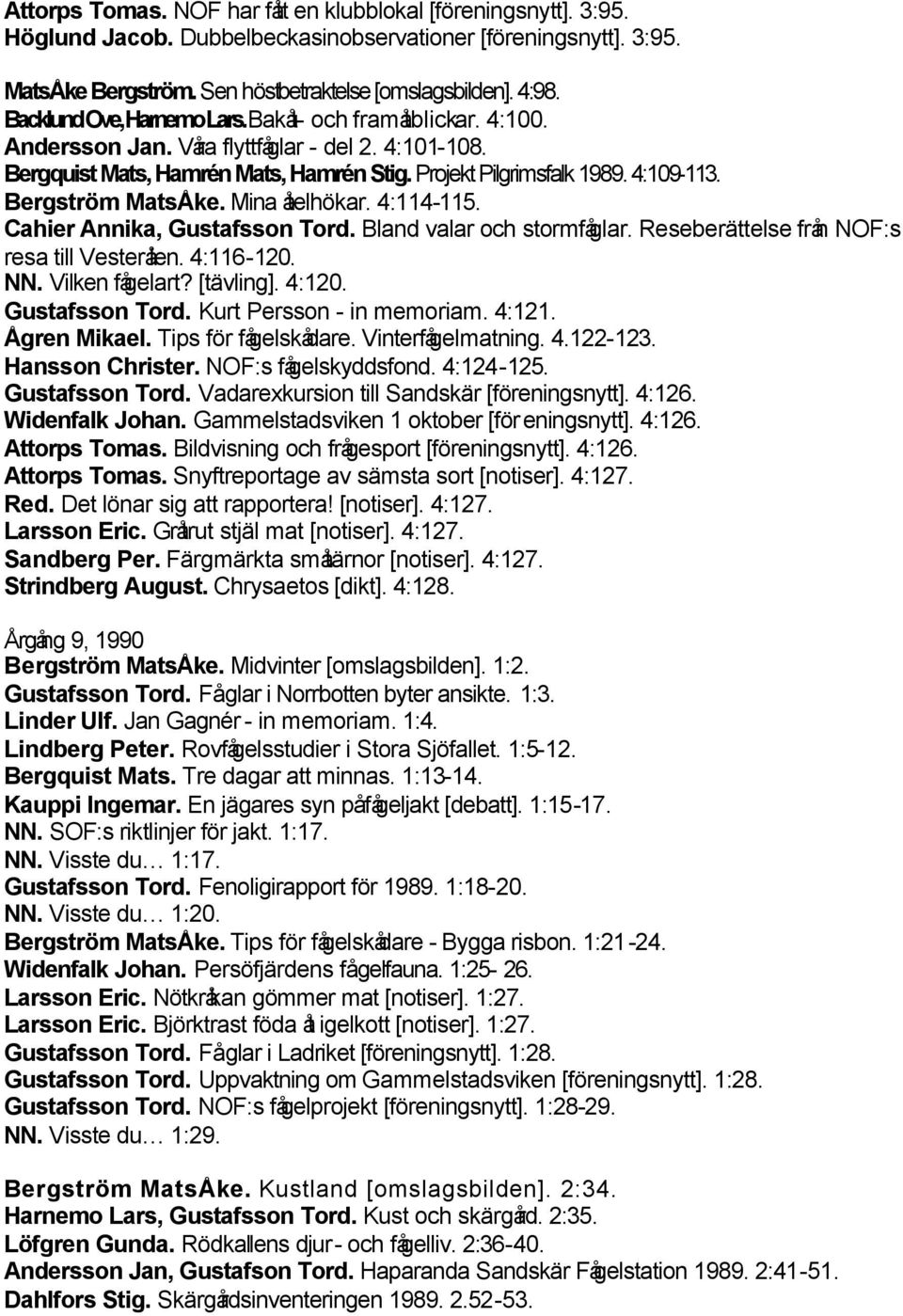 Bergström MatsÅke. Mina åtelhökar. 4:114-115. Cahier Annika, Gustafsson Tord. Bland valar och stormfåglar. Reseberättelse från NOF:s resa till Vesterålen. 4:116-120. NN. Vilken fågelart? [tävling].