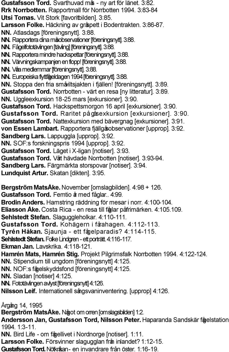 3:88. NN. Värvningskampanjen en flopp! [föreningsnytt]. 3:88. NN. Våra medlemmar [föreningsnytt]. 3:88. NN. Europeiska flyttfågeldagen 1994 [föreningsnytt]. 3:88. NN. Stoppa den fria småviltsjakten i fjällen!