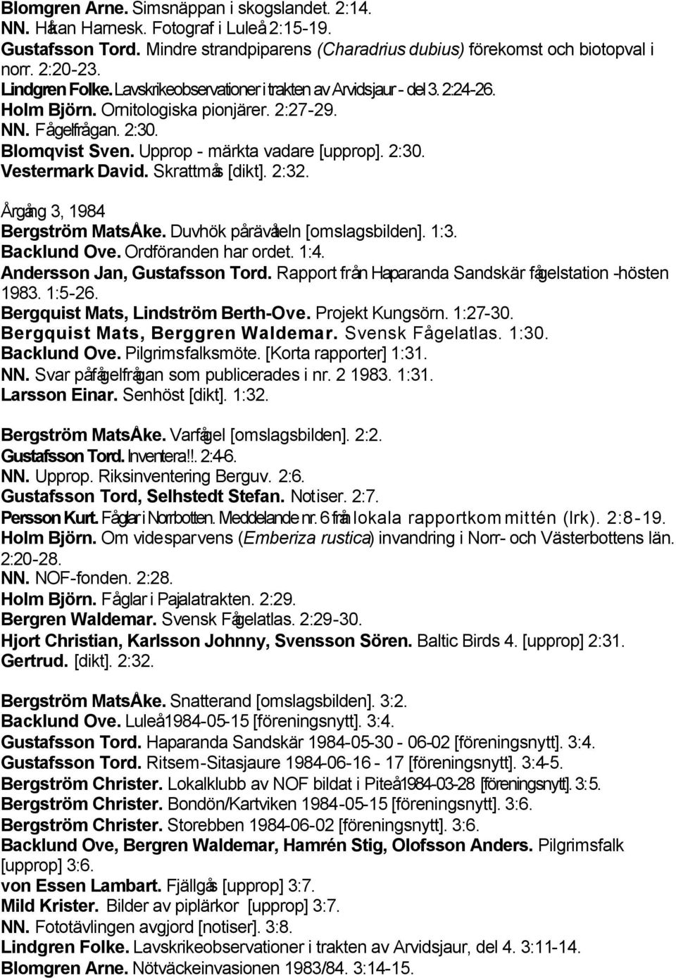 2:30. Vestermark David. Skrattmås [dikt]. 2:32. Årgång 3, 1984 Bergström MatsÅke. Duvhök pårävåteln [omslagsbilden]. 1:3. Backlund Ove. Ordföranden har ordet. 1:4. Andersson Jan, Gustafsson Tord.