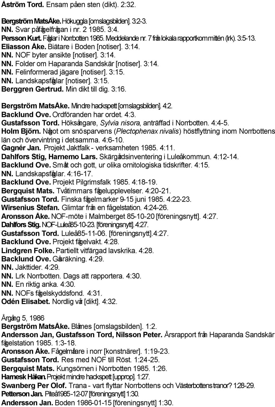 3:15. NN. Landskapsfåglar [notiser]. 3:15. Berggren Gertrud. Min dikt till dig. 3:16. Bergström MatsÅke. Mindre hackspett [omslagsbilden]. 4:2. Backlund Ove. Ordföranden har ordet. 4:3.