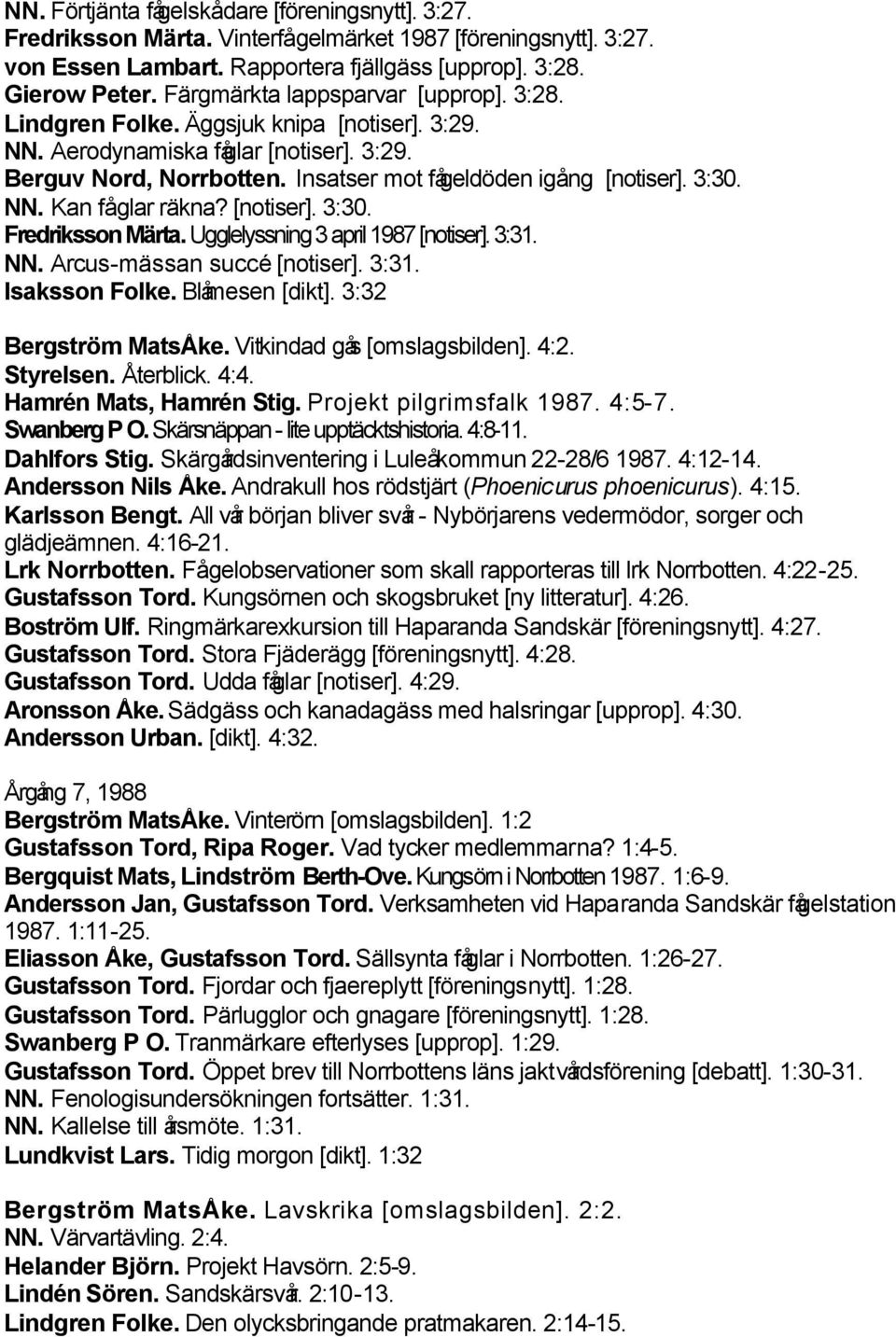 NN. Kan fåglar räkna? [notiser]. 3:30. Fredriksson Märta. Ugglelyssning 3 april 1987 [notiser]. 3:31. NN. Arcus-mässan succé [notiser]. 3:31. Isaksson Folke. Blåmesen [dikt]. 3:32 Bergström MatsÅke.