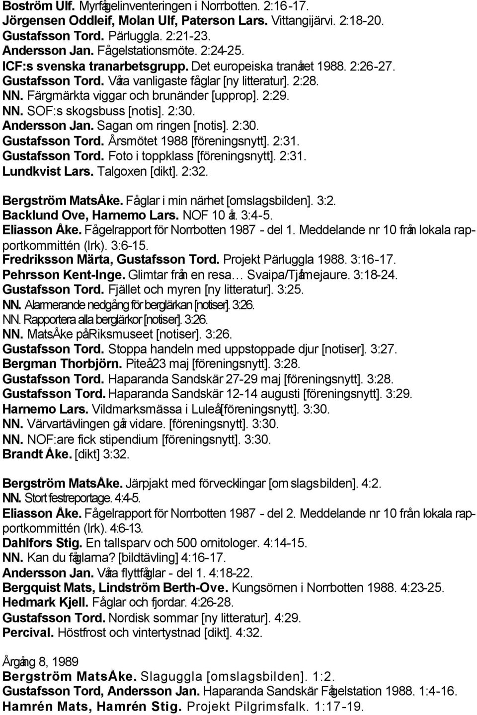 2:30. Andersson Jan. Sagan om ringen [notis]. 2:30. Gustafsson Tord. Årsmötet 1988 [föreningsnytt]. 2:31. Gustafsson Tord. Foto i toppklass [föreningsnytt]. 2:31. Lundkvist Lars. Talgoxen [dikt].