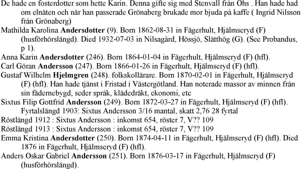 Born 1862-08-31 in Fägerhult, Hjälmseryd (F) (husförhörslängd). Died 1932-07-03 in Nilsagård, Hössjö, Slätthög (G). (See Probandus, p 1). Anna Karin Andersdotter (246).