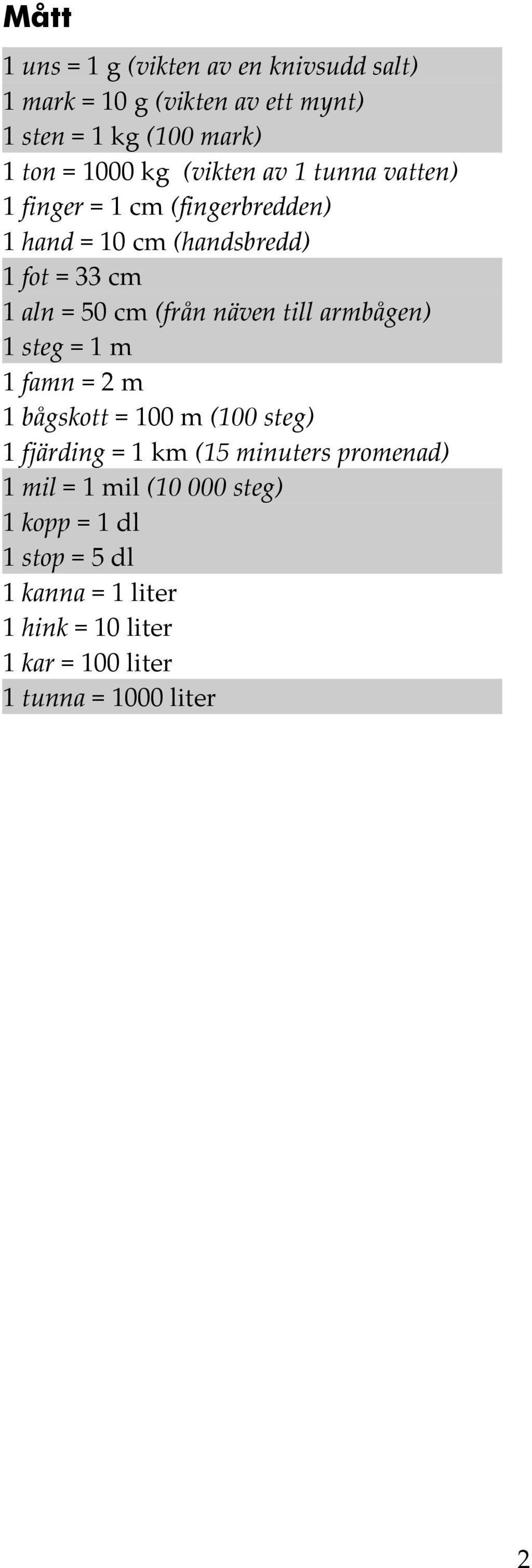 näven till armbågen) 1 steg = 1 m 1 famn = 2 m 1 bågskott = 100 m (100 steg) 1 fjärding = 1 km (15 minuters promenad) 1 mil