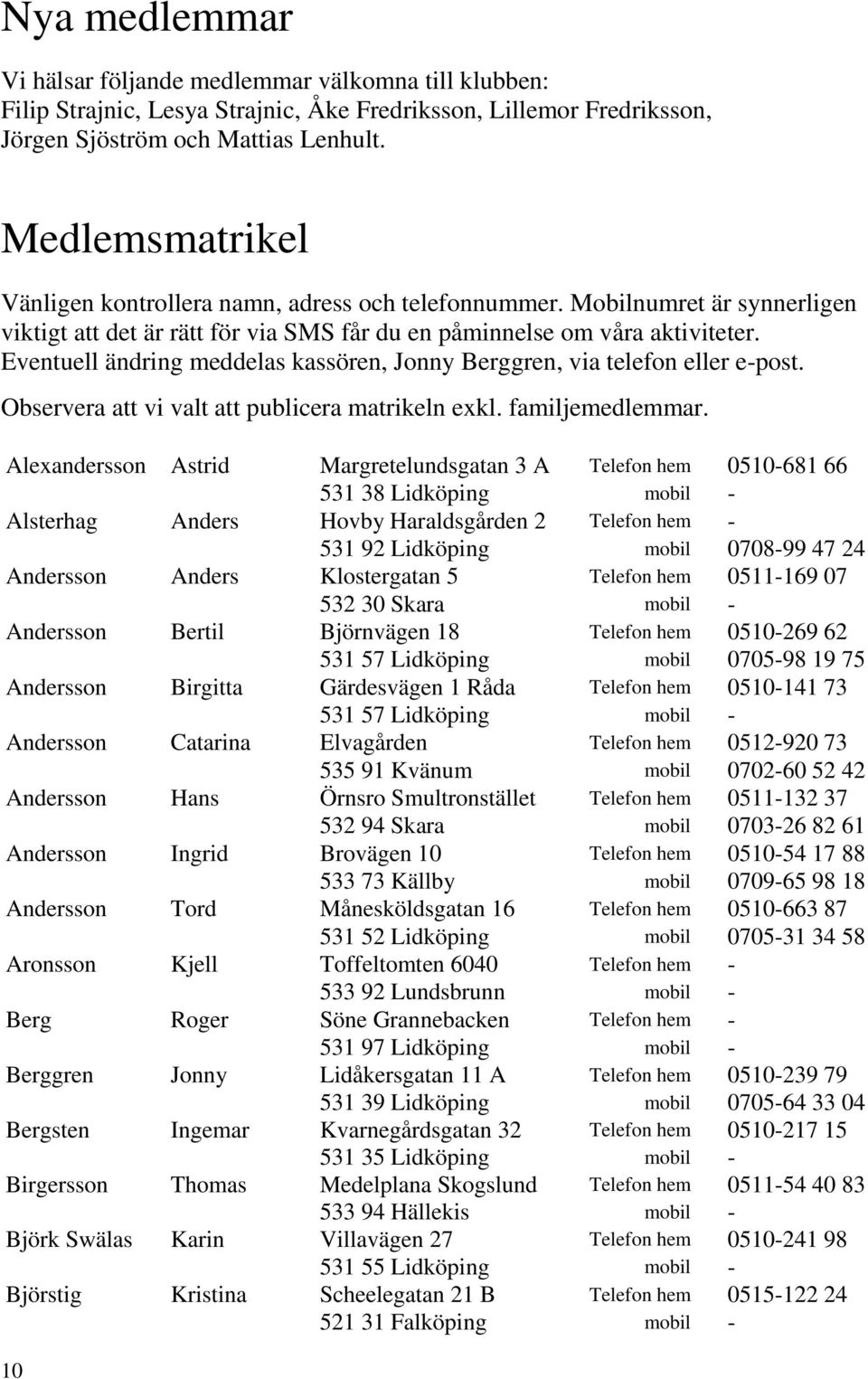 Eventuell ändring meddelas kassören, Jonny Berggren, via telefon eller e-post. Observera att vi valt att publicera matrikeln exkl. familjemedlemmar.