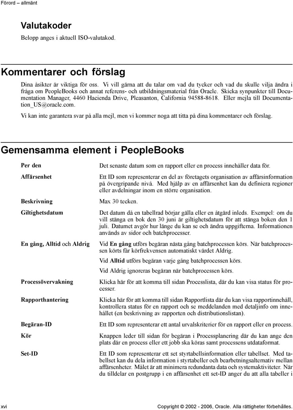 Skicka synpunkter till Documentation Manager, 4460 Hacienda Drive, Pleasanton, California 94588-8618. Eller mejla till Documentation_US@oracle.com.