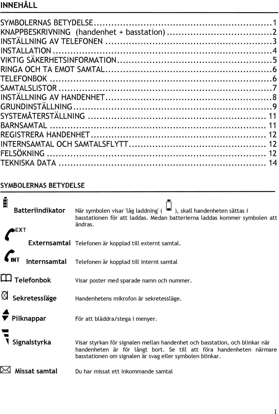 .. 12 TEKNISKA DATA... 14 SYMBOLERNAS BETYDELSE Batteriindikator När symbolen visar 'låg laddning' ( ), skall handenheten sättas i basstationen för att laddas.