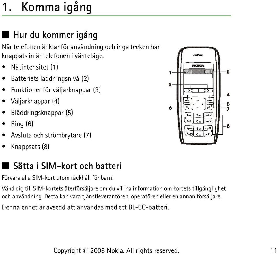 (7) Knappsats (8) Sätta i SIM-kort och batteri Förvara alla SIM-kort utom räckhåll för barn.