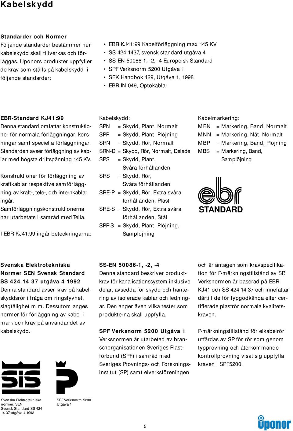 Verksnor 200 Utgåva SEK Handbok 429, Utgåva, 998 EBR IN 049, Optokablar EBR-Standard KJ4:99 Denna standard ofattar konstruktioner för norala förläggningar, korsningar sat speciella förläggningar.