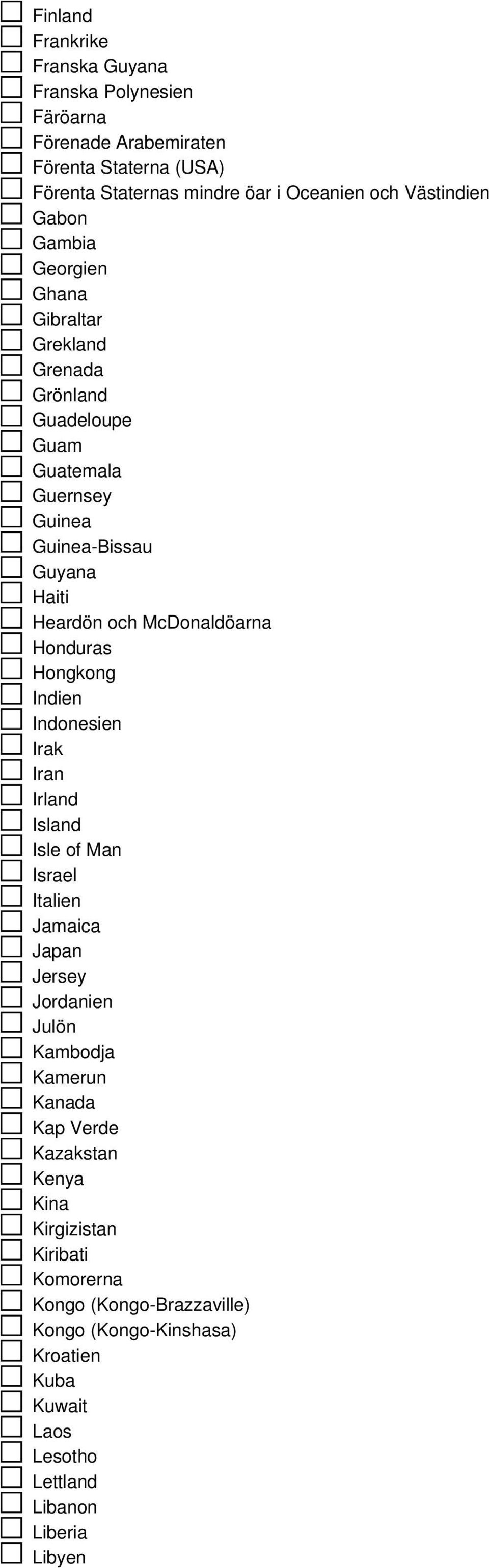 Honduras Hongkong Indien Indonesien Irak Iran Irland Island Isle of Man Israel Italien Jamaica Japan Jersey Jordanien Julön Kambodja Kamerun Kanada Kap Verde