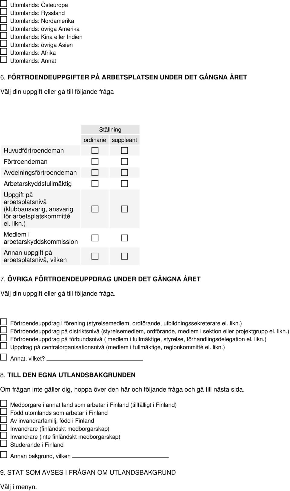 arbetsplatsnivå (klubbansvarig, ansvarig för arbetsplatskommitté el. likn.) Medlem i arbetarskyddskommission Annan uppgift på arbetsplatsnivå, vilken ordinarie Ställning suppleant 7.