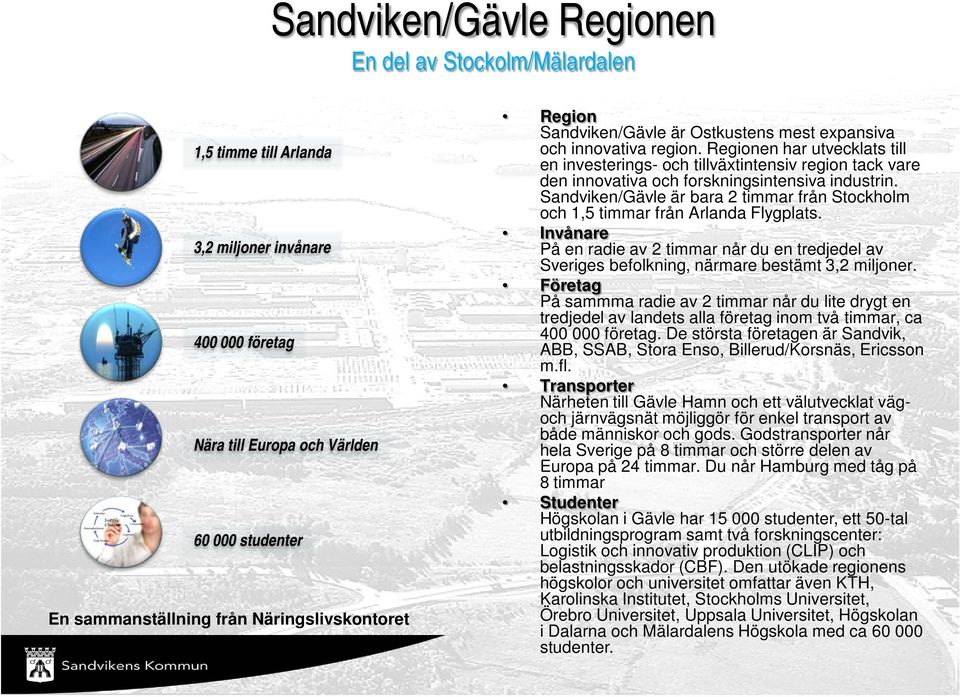Sandviken/Gävle är bara 2 timmar från Stockholm och 1,5 timmar från Arlanda Flygplats. Invånare På en radie av 2 timmar når du en tredjedel av Sveriges befolkning, närmare bestämt 3,2 miljoner.