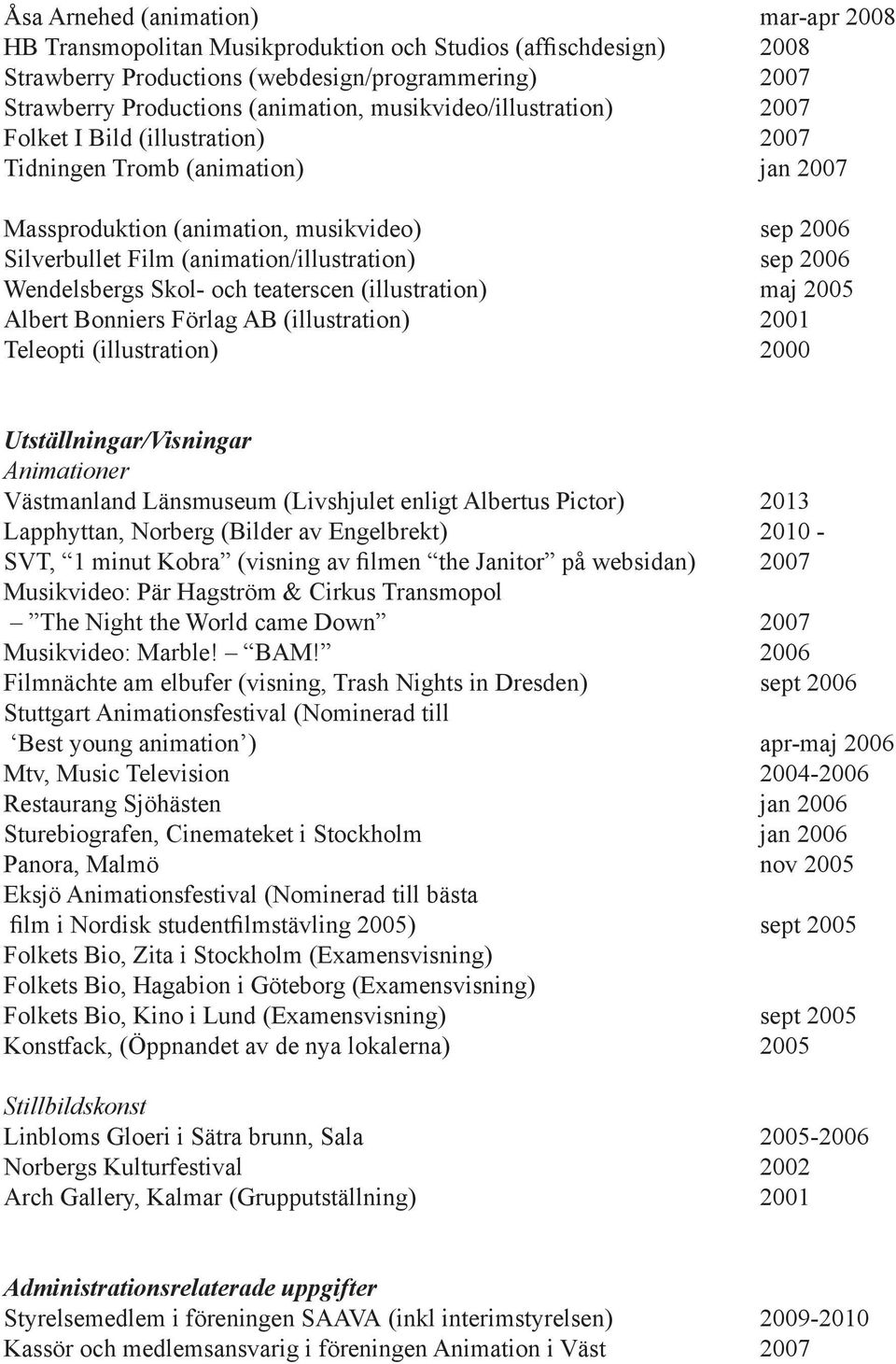 2006 Wendelsbergs Skol- och teaterscen (illustration) maj 2005 Albert Bonniers Förlag AB (illustration) 2001 Teleopti (illustration) 2000 Utställningar/Visningar Animationer Västmanland Länsmuseum