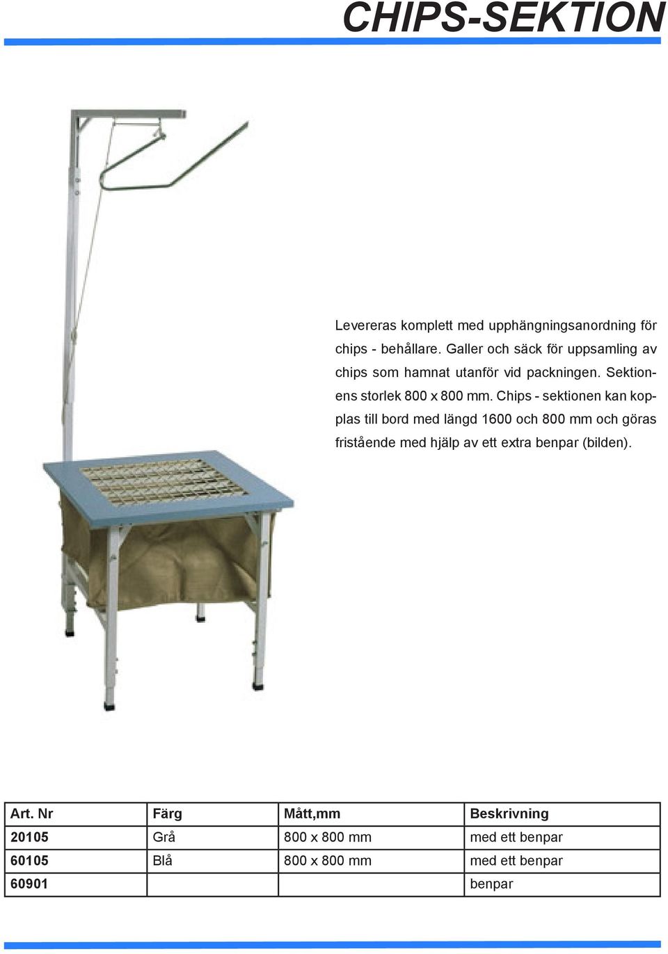 Chips - sektionen kan kopplas till bord med längd 1600 och 800 mm och göras fristående med hjälp av ett extra