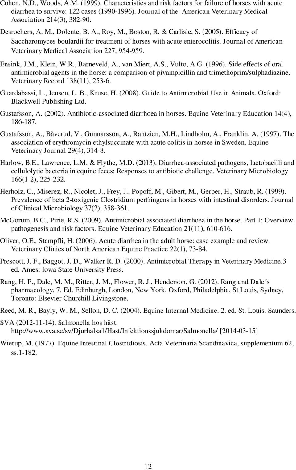 Efficacy of Saccharomyces boulardii for treatment of horses with acute enterocolitis. Journal of American Veterinary Medical Association 227, 954-959. Ensink, J.M., Klein, W.R., Barneveld, A.