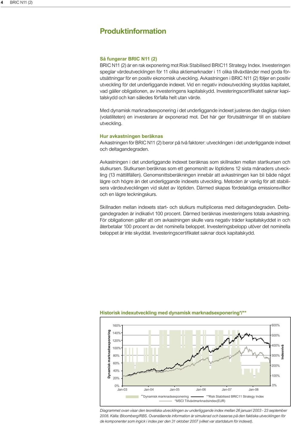 Avkastningen i BRIC N (2) följer en positiv utveckling för det underliggande indexet. Vid en negativ indexutveckling skyddas kapitalet, vad gäller obligationen, av investeringens kapitalskydd.