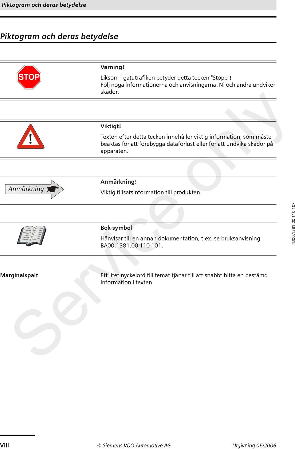 Texten efter detta tecken innehåller viktig information, som måste beaktas för att förebygga dataförlust eller för att undvika skador på apparaten. Anmärkning!