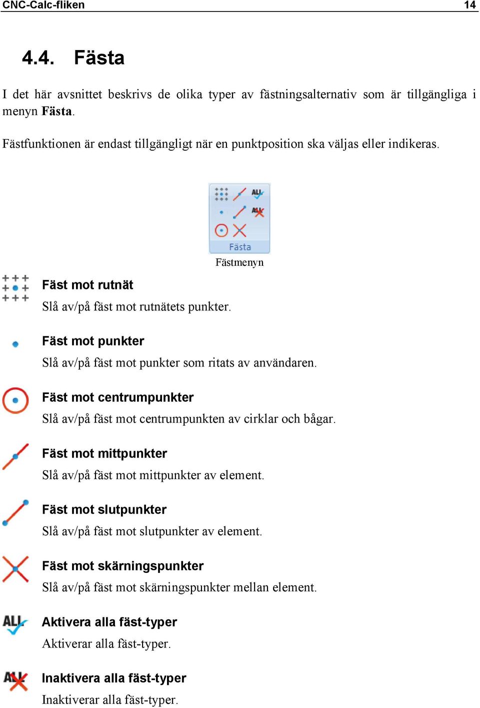 Fäst mot punkter Slå av/på fäst mot punkter som ritats av användaren. Fäst mot centrumpunkter Slå av/på fäst mot centrumpunkten av cirklar och bågar.