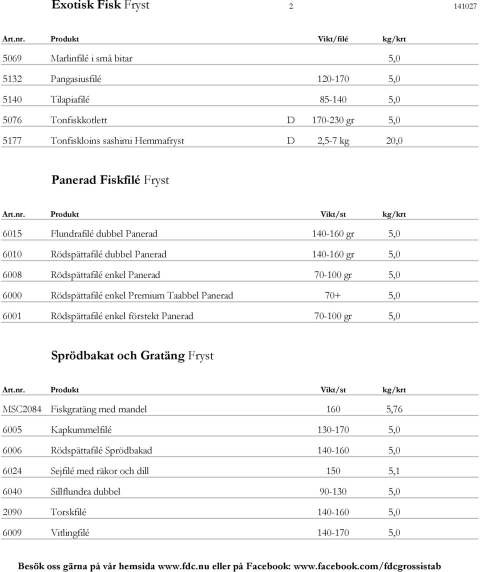 5,0 6000 Rödspättafilé enkel Premium Taabbel Panerad 70+ 5,0 6001 Rödspättafilé enkel förstekt Panerad 70-100 gr 5,0 Sprödbakat och Gratäng Fryst MSC2084 Fiskgratäng med mandel 160 5,76