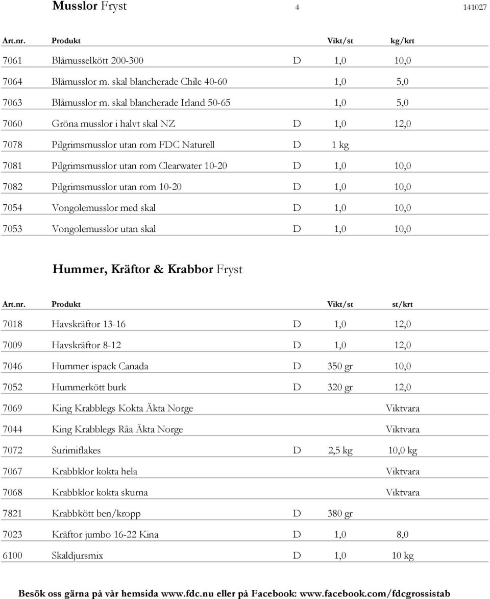 Pilgrimsmusslor utan rom 10-20 D 1,0 10,0 7054 Vongolemusslor med skal D 1,0 10,0 7053 Vongolemusslor utan skal D 1,0 10,0 Hummer, Kräftor & Krabbor Fryst Art.nr.
