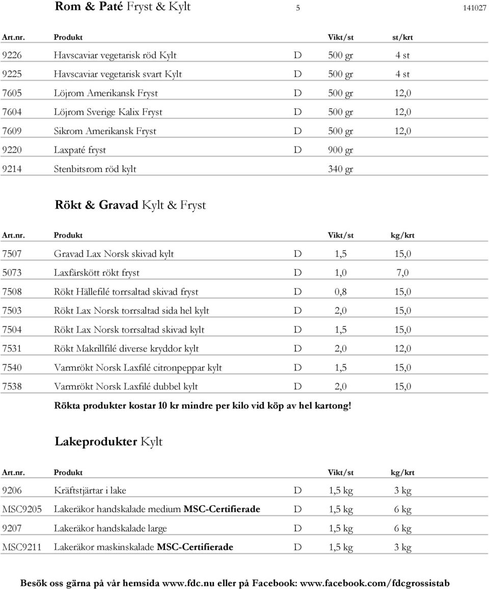 D 500 gr 12,0 7609 Sikrom Amerikansk Fryst D 500 gr 12,0 9220 Laxpaté fryst D 900 gr 9214 Stenbitsrom röd kylt 340 gr Rökt & Gravad Kylt & Fryst 7507 Gravad Lax Norsk skivad kylt D 1,5 15,0 5073