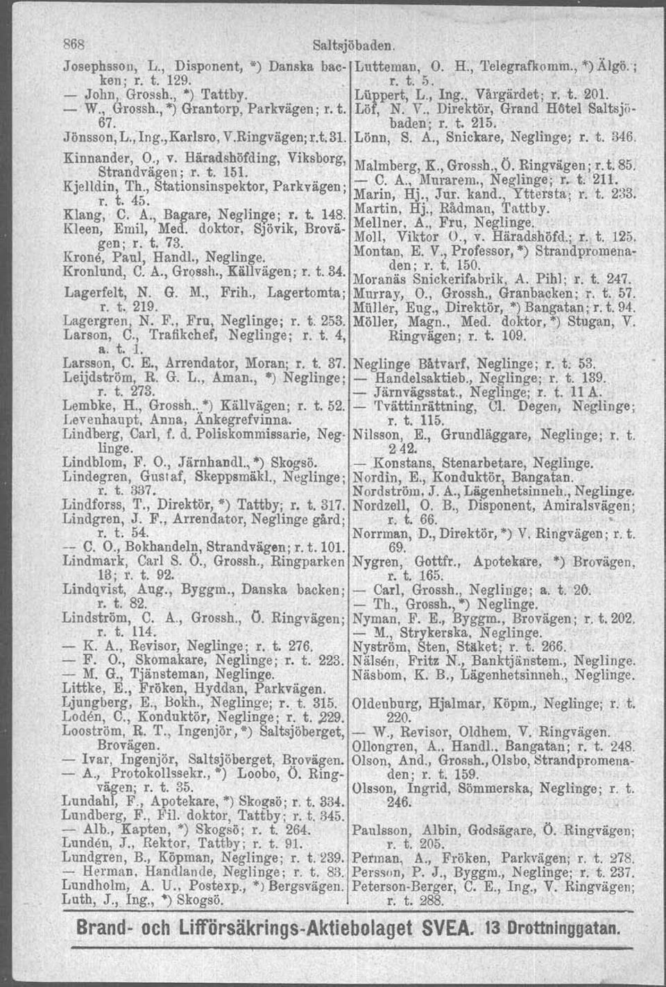 ICron6, Panl, Handl., Neglinge. Kronlund, C. A., Grossh., Källvagen; r. t. 34. Lagerfelt, N. G. M., Frih., Lagertomta; r. t. 219. Lagergren, N. F., Fru, Neglinge; r. t 253. Larson, C.