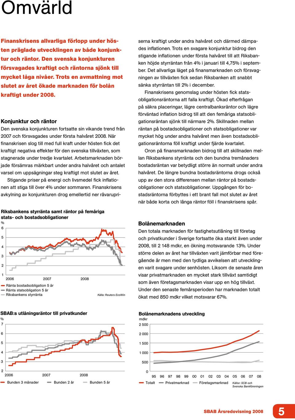 Konjunktur och räntor Den svenska konjunkturen fortsatte sin vikande trend från 2007 och försvagades under första halvåret 2008.