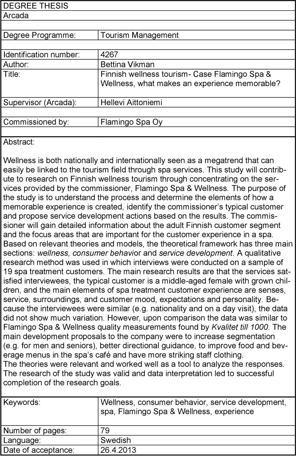 Supervisor (Arcada): Commissioned by: Hellevi Aittoniemi Flamingo Spa Oy Abstract: Wellness is both nationally and internationally seen as a megatrend that can easily be linked to the tourism field