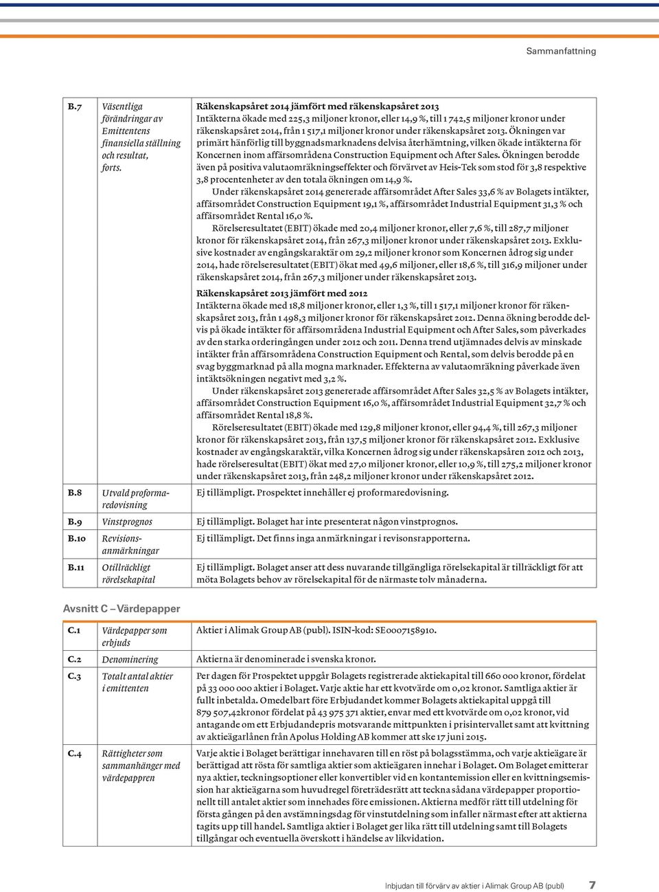 8 Utvald proformaredovisning Räkenskapsåret 2014 jämfört med räkenskapsåret 2013 Intäkterna ökade med 225,3 miljoner kronor, eller 14,9 %, till 1 742,5 miljoner kronor under räkenskapsåret 2014, från