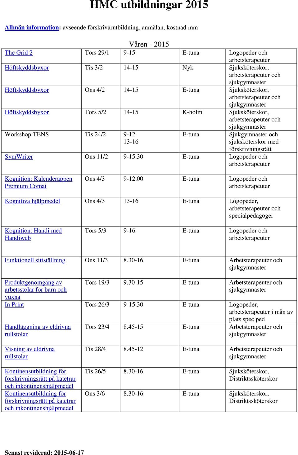 TENS Tis 24/2 9-12 13-16 E-tuna Sjukgymnaster och sjuksköterskor med förskrivningsrätt SymWriter Ons 11/2 9-15.