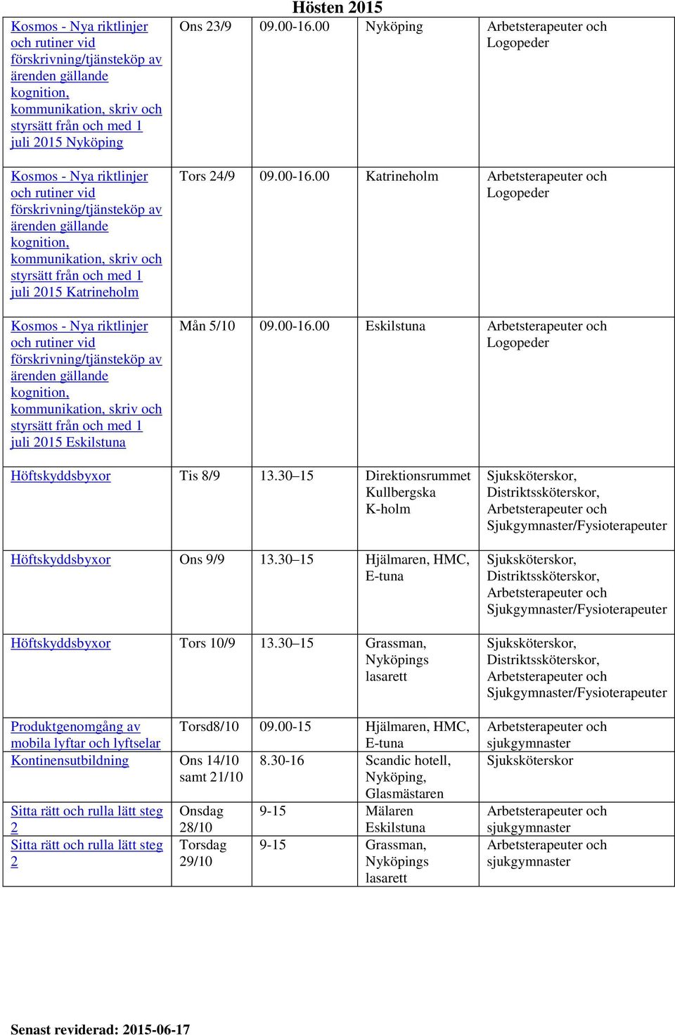 ärenden gällande kognition, kommunikation, skriv och styrsätt från och med 1 juli 2015 Eskilstuna Hösten 2015 Ons 23/9 09.00-16.00 Nyköping Logopeder Tors 24/9 09.00-16.00 Katrineholm Logopeder Mån 5/10 09.