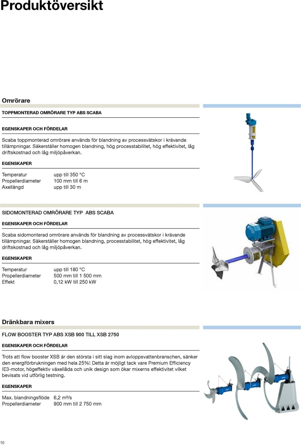 Temperatur upp till 350 C Propellerdiameter 100 mm till 6 m Axellängd upp till 30 m SIDOMONTERAD OMRÖRARE TYP ABS SCABA Scaba sidomonterad omrörare används för blandning av processvätskor i krävande