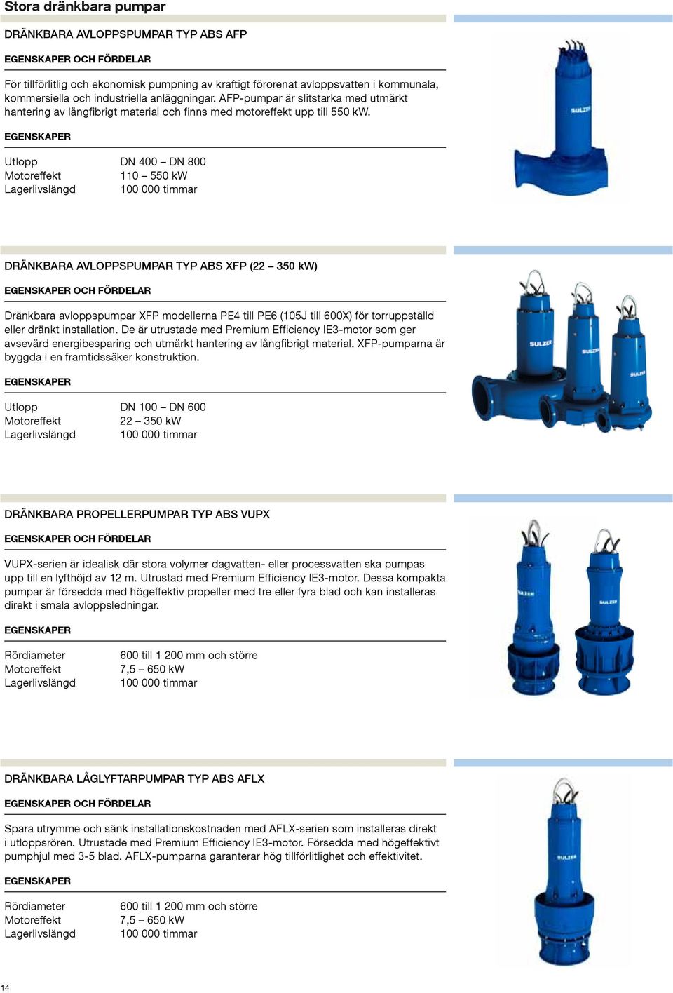 Utlopp DN 400 DN 800 Motoreffekt 110 550 kw Lagerlivslängd 100 000 timmar Dränkbara avloppspumpar typ ABS XFP (22 350 kw) Dränkbara avloppspumpar XFP modellerna PE4 till PE6 (105J till 600X) för