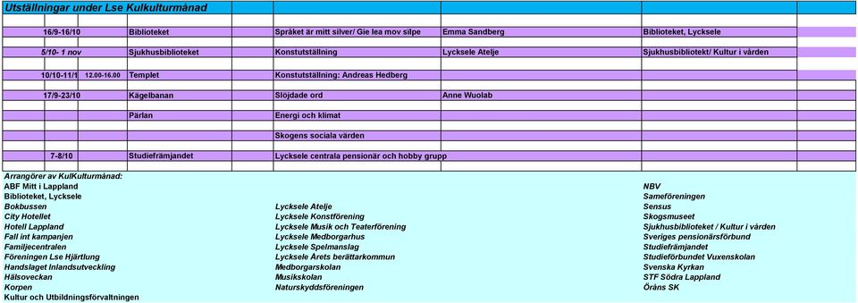 00 Templet Konstutställning: Andreas Hedberg 17/9-23/10 Kägelbanan Slöjdade ord Anne Wuolab Pärlan Energi och klimat Skogens sociala värden 7-8/10 Studiefrämjandet Lycksele centrala pensionär och