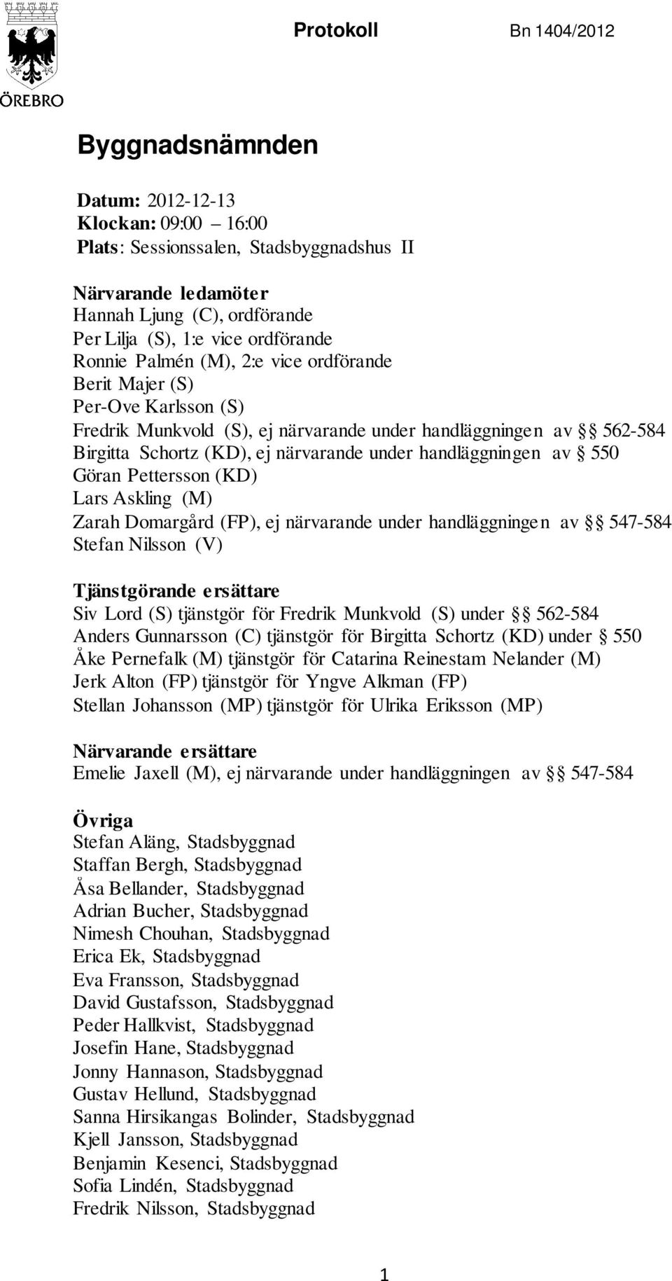 handläggningen av 550 Göran Pettersson (KD) Lars Askling (M) Zarah Domargård (FP), ej närvarande under handläggningen av 547-584 Stefan Nilsson (V) Tjänstgörande ersättare Siv Lord (S) tjänstgör för