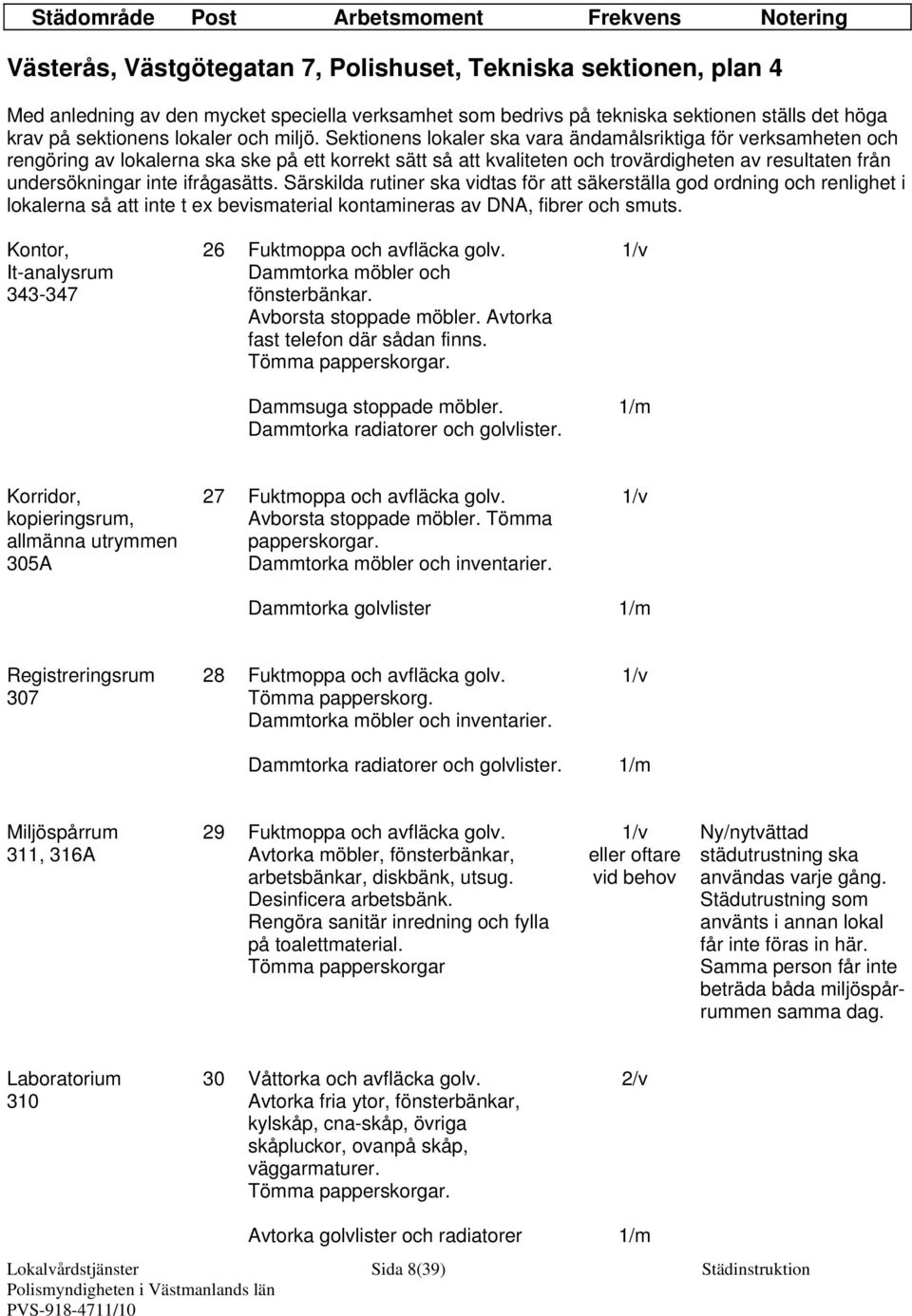 Sektionens lokaler ska vara ändamålsriktiga för verksamheten och rengöring av lokalerna ska ske på ett korrekt sätt så att kvaliteten och trovärdigheten av resultaten från undersökningar inte