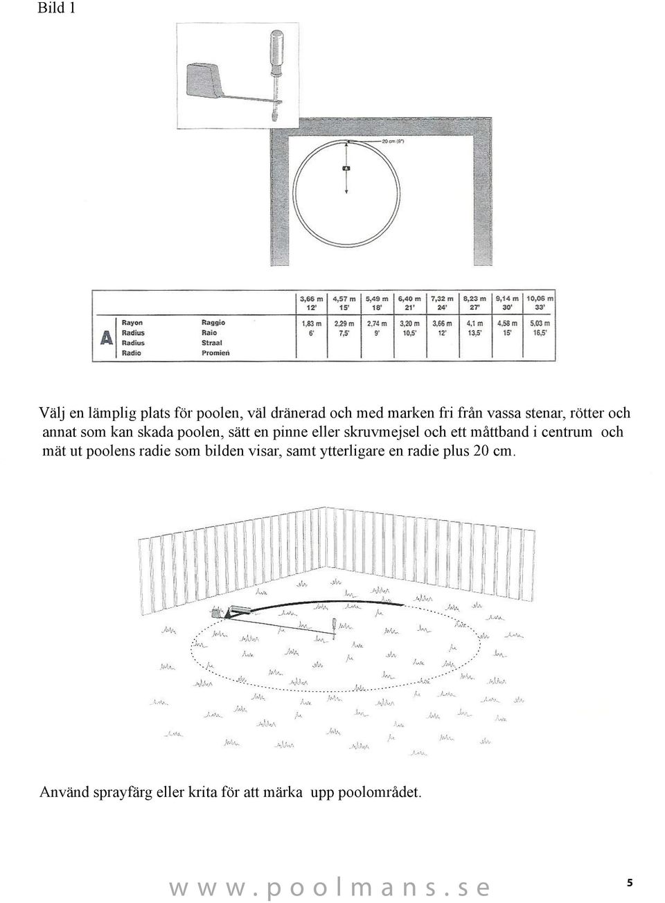 måttband i centrum och mät ut poolens radie som bilden visar, samt ytterligare en