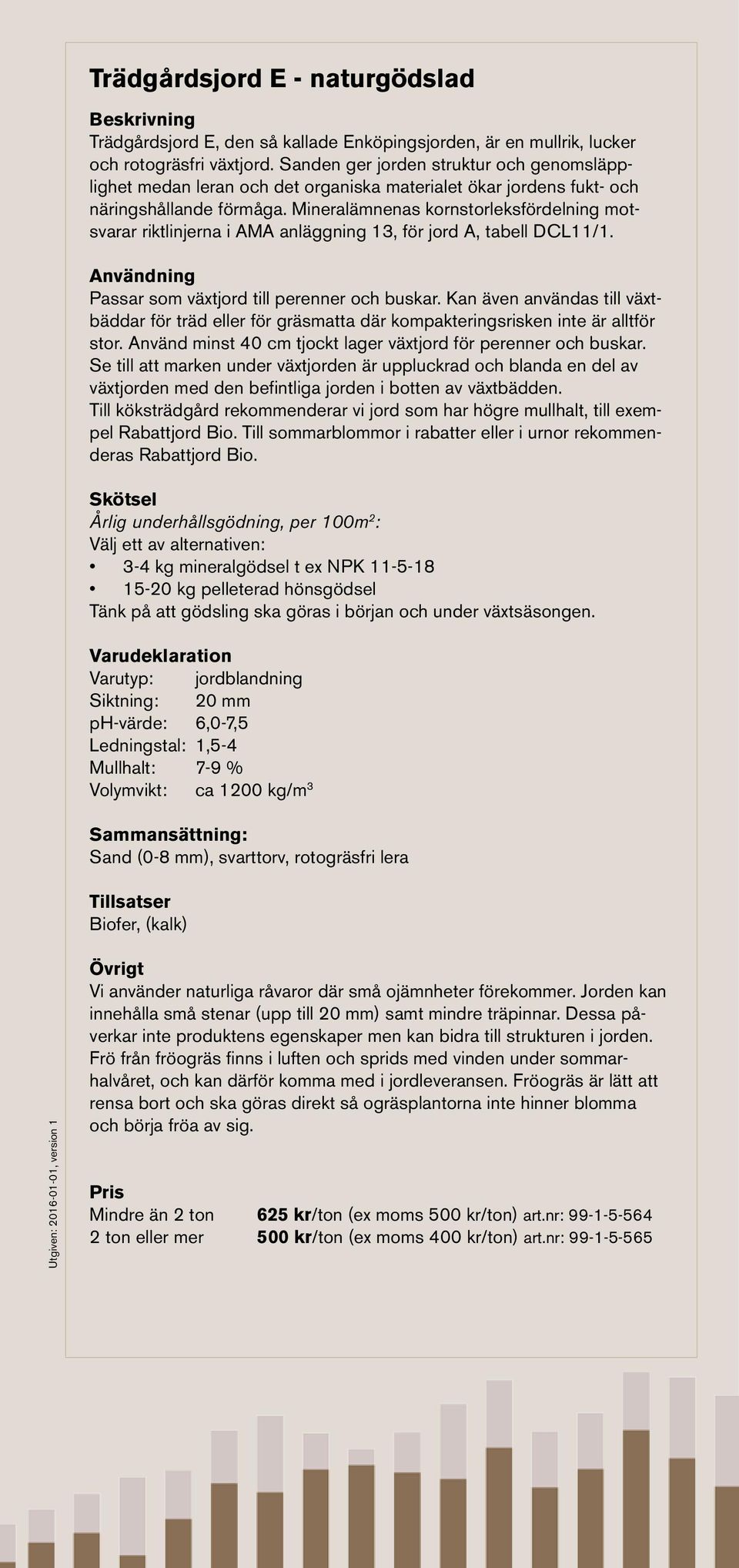 Mineralämnenas kornstorleksfördelning motsvarar riktlinjerna i AMA anläggning 13, för jord A, tabell DCL11/1. Passar som växtjord till perenner och buskar.