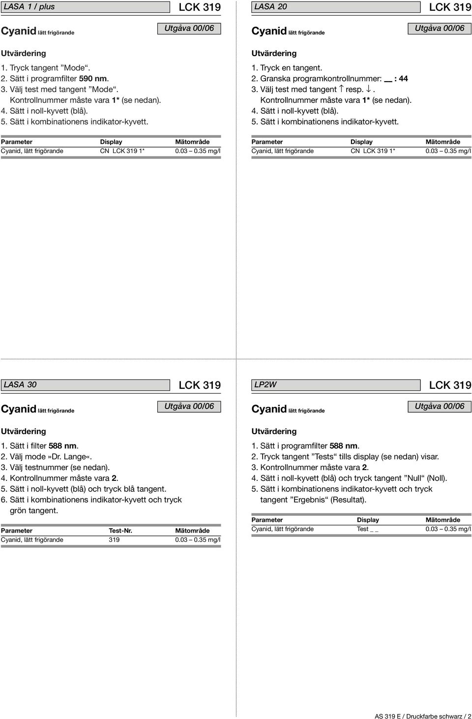 Sätt i kombinationens indikator-kyvett. Cyanid, lätt frigörande CN 1* 0.03 0.35 mg/l Cyanid, lätt frigörande CN 1* 0.03 0.35 mg/l LASA 30 LP2W 1. Sätt i filter 588 nm. 2. Välj mode»dr. Lange«. 3. Välj testnummer (se nedan.