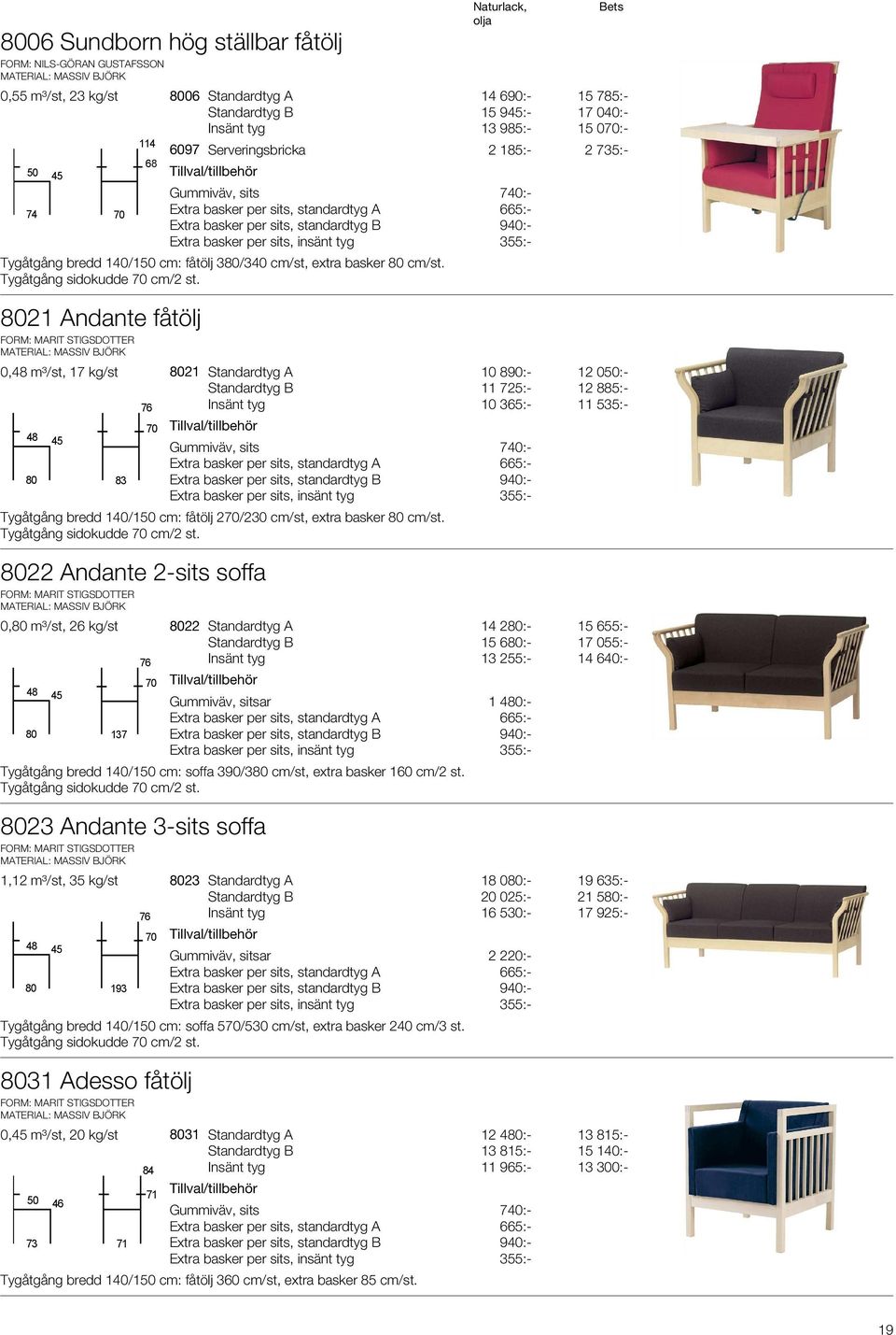 8021 Andante fåtölj 0,48 m³/st, 17 kg/st 8021 Standardtyg A 10 890:- 12 050:- 11 725:- 12 885:- 76 10 365:- 11 535:- 48 45 70 Gummiväv, sits 740:- Extra basker per sits, standardtyg A 80 83 Extra