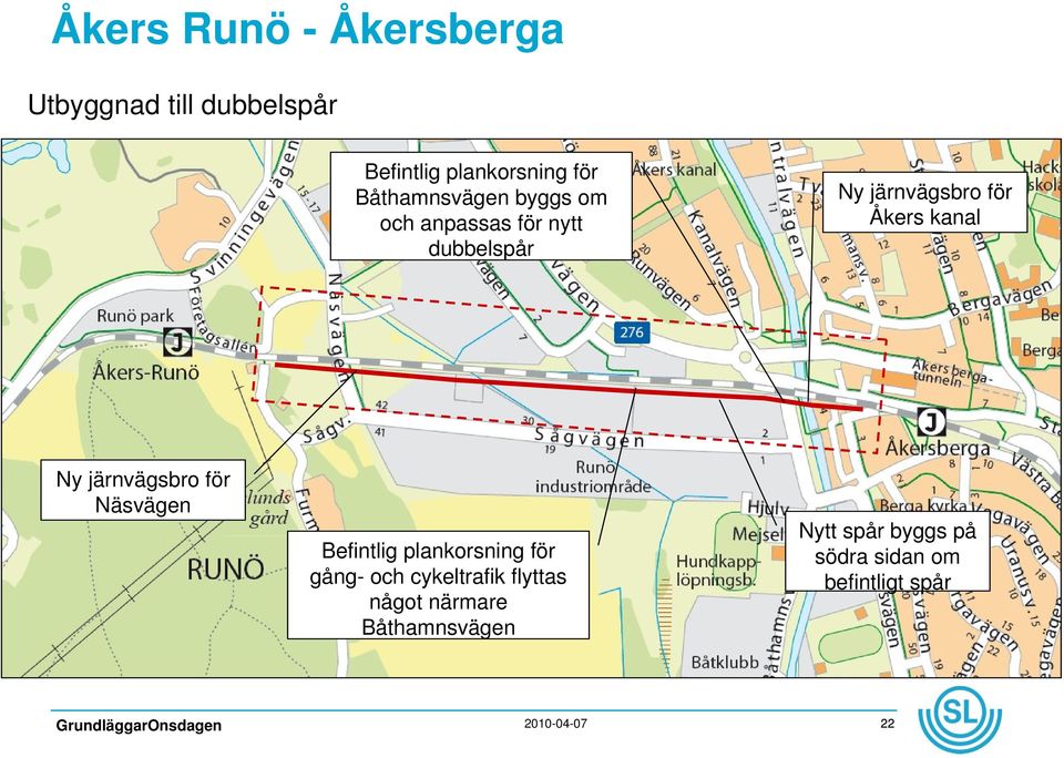 kanal Ny järnvägsbro för Näsvägen Befintlig plankorsning för gång- och cykeltrafik
