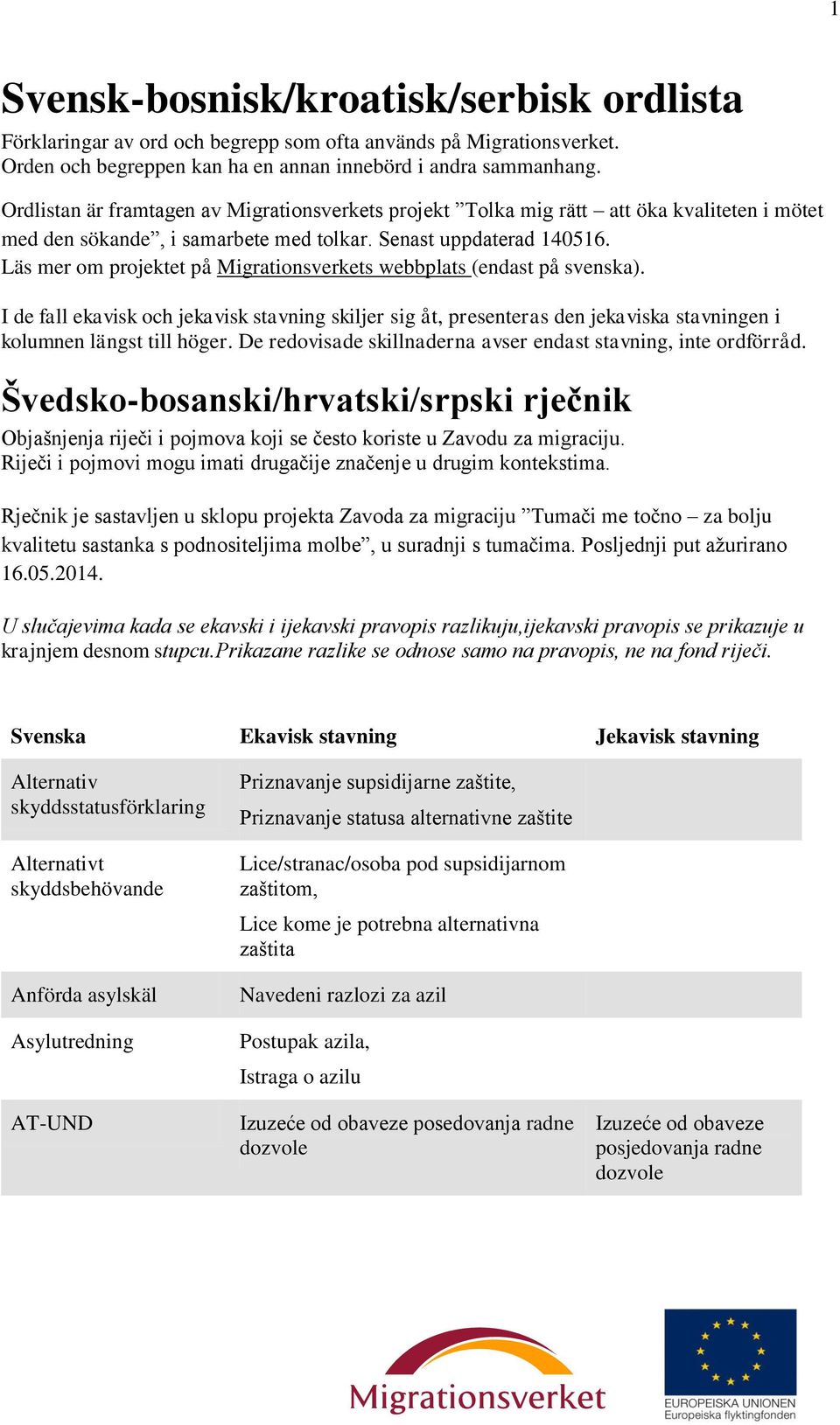 Läs mer om projektet på Migrationsverkets webbplats (endast på svenska). I de fall ekavisk och jekavisk stavning skiljer sig åt, presenteras den jekaviska stavningen i kolumnen längst till höger.