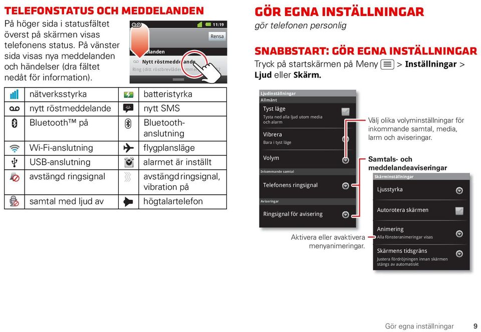 batteristyrka nytt SMS Bluetoothanslutning flygplansläge alarmet är inställt avstängd ringsignal, vibration på högtalartelefon Gör egna inställningar gör telefonen personlig Snabbstart: Gör egna