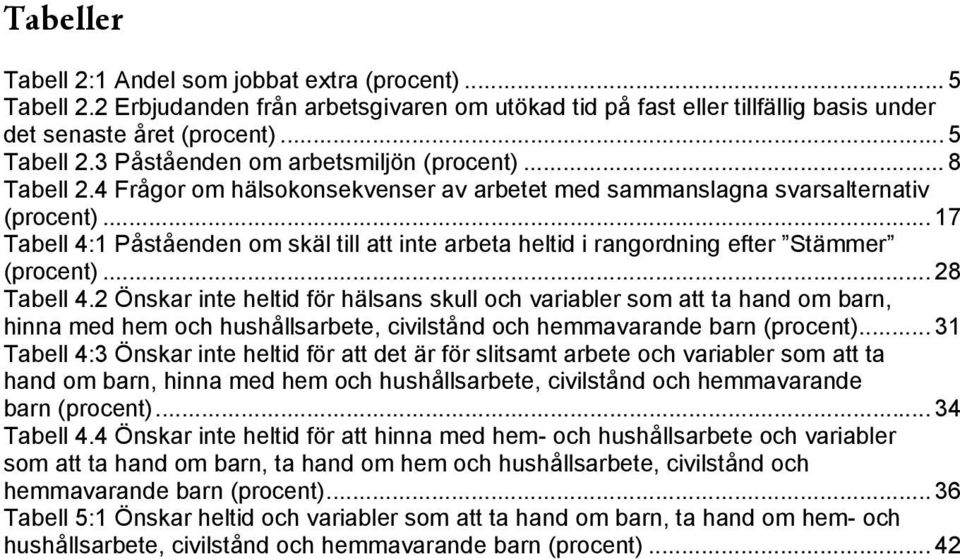 .. 28 Tabell 4.2 Önskar inte heltid för hälsans skull och variabler som att ta hand om barn, hinna med hem och hushållsarbete, civilstånd och hemmavarande barn (procent).