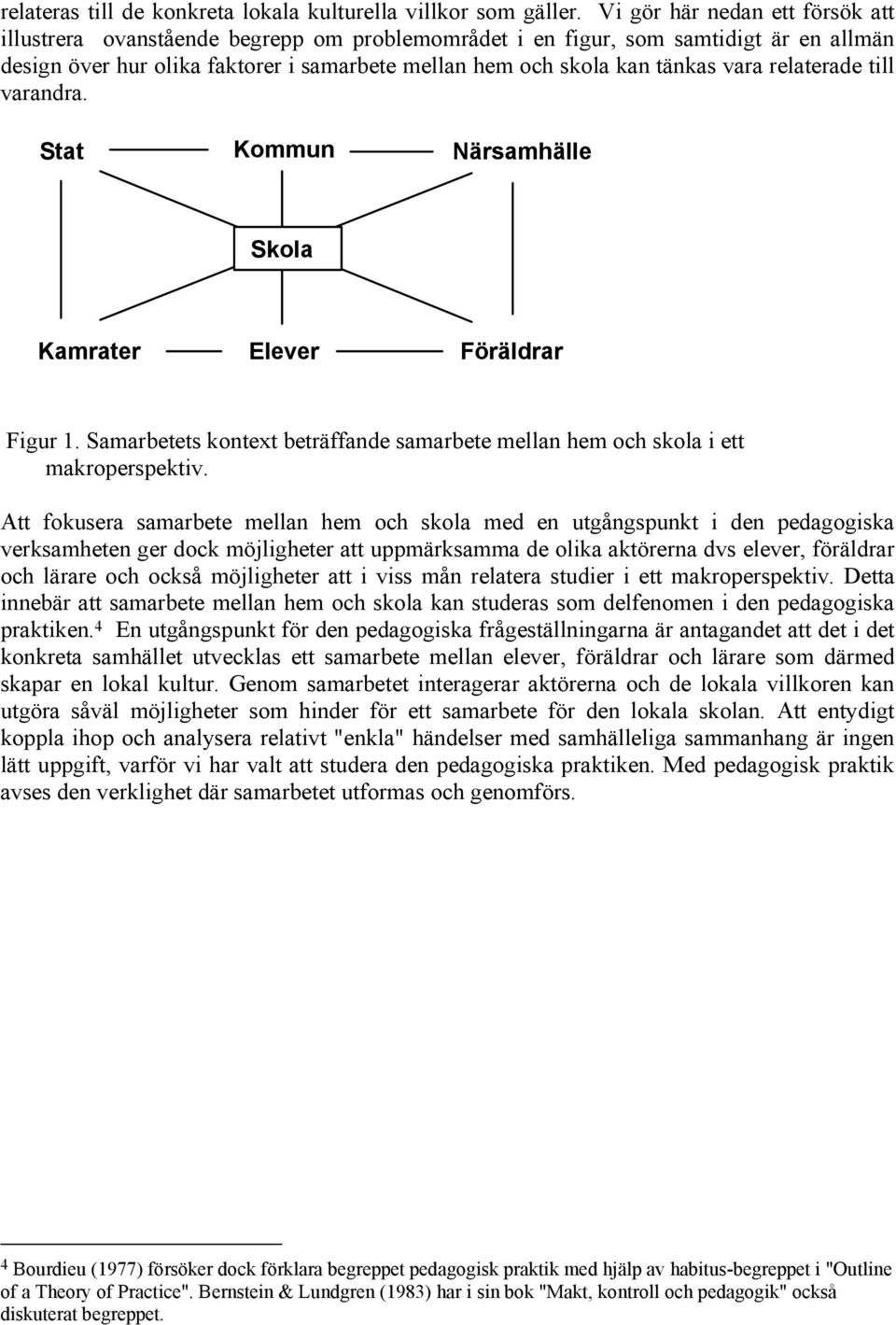 relaterade till varandra. Stat Kommun Närsamhälle Skola Kamrater Elever Föräldrar Figur 1. Samarbetets kontext beträffande samarbete mellan hem och skola i ett makroperspektiv.