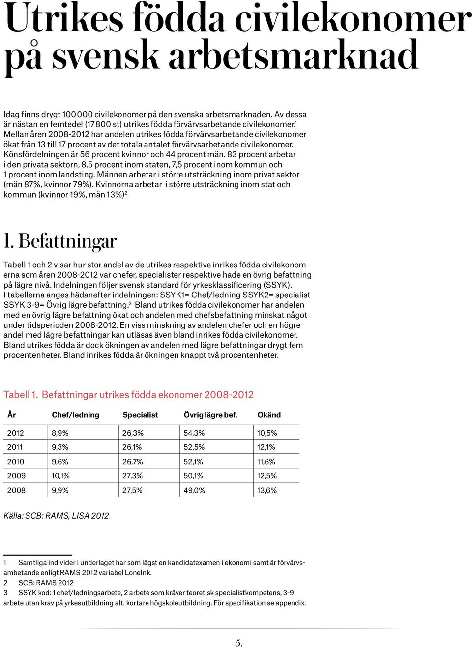 1 Mellan åren 2008-2012 har andelen utrikes födda förvärvsarbetande civilekonomer ökat från 13 till 17 procent av det totala antalet förvärvsarbetande civilekonomer.