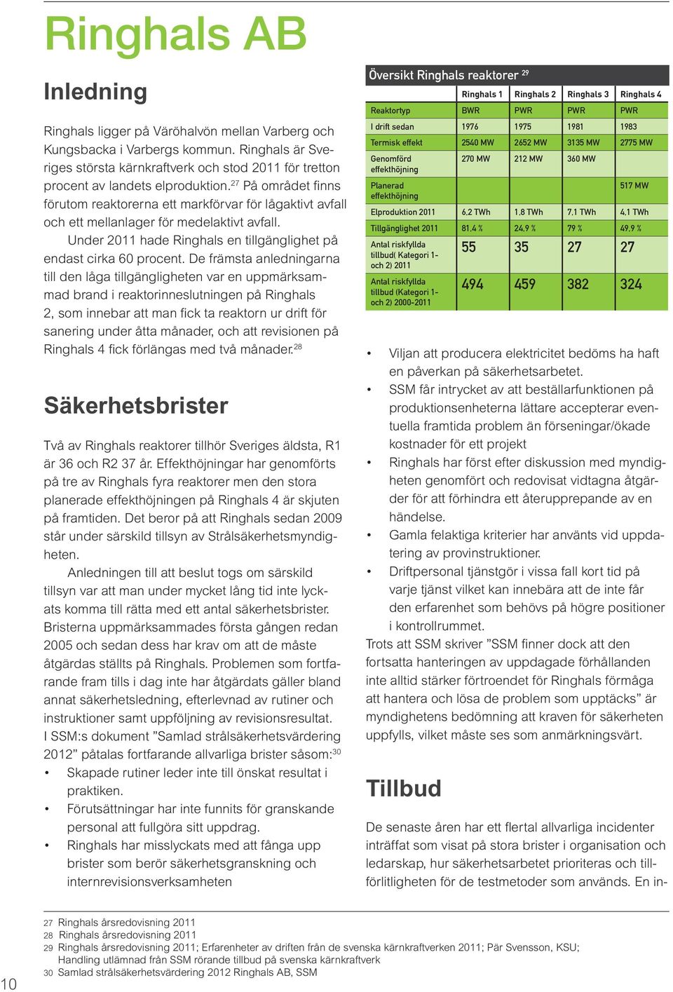 27 På området finns förutom reaktorerna ett markförvar för lågaktivt avfall och ett mellanlager för medelaktivt avfall. Under 2011 hade Ringhals en tillgänglighet på endast cirka 60 procent.