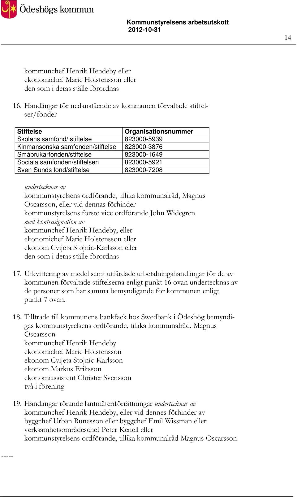 Småbrukarfonden/stiftelse 823000-1649 Sociala samfonden/stiftelsen 823000-5921 Sven Sunds fond/stiftelse 823000-7208 undertecknas av kommunstyrelsens ordförande, tillika kommunalråd, Magnus