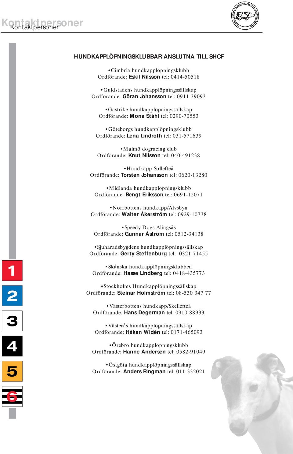 Ordförande: Knut Nilsson tel: 040-491238 Hundkapp Sollefteå Ordförande: Torsten Johansson tel: 0620-13280 Midlanda hundkapplöpningsklubb Ordförande: Bengt Eriksson tel: 0691-12071 Norrbottens